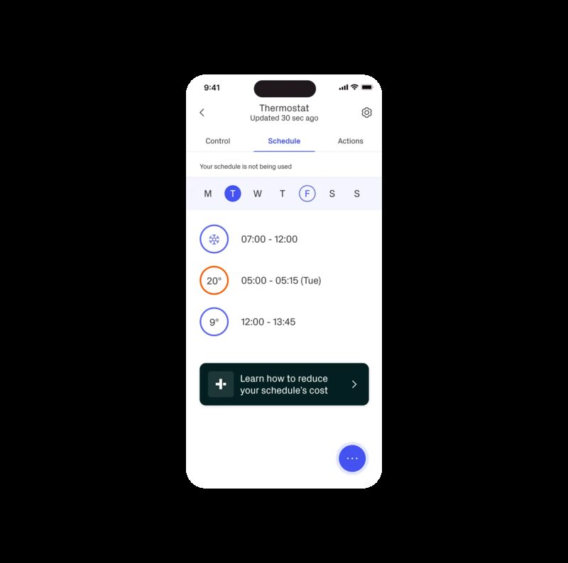 A smartphone screenshot of the Hive app thermostat schedule screen showing heating times and temperatures