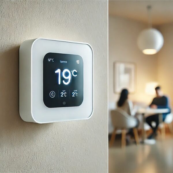A white smart thermostat mounted on a wall displaying 19°C, with a blurred couple sitting at a table in the background