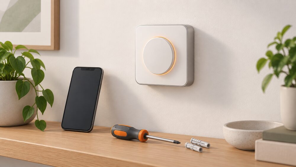 A close-up of a Netatmo-style smart thermostat mounted on an interior wall of a living room, with a smartphone resting on a nearby shelf showing a blank screen, and a small screwdriver and wall plugs beside it suggesting DIY fitting.