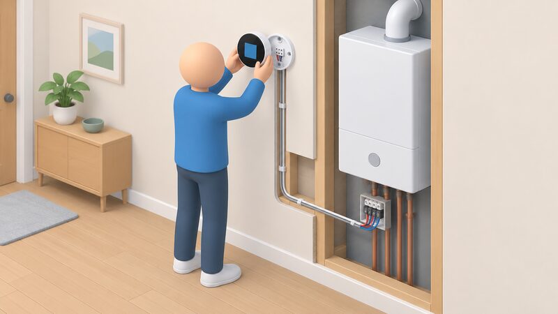 A simplified isometric figure fits a smart thermostat onto a wall-mounted backplate, with the wall opened below to show the cable run from the plate down to the boiler and its connection terminals.