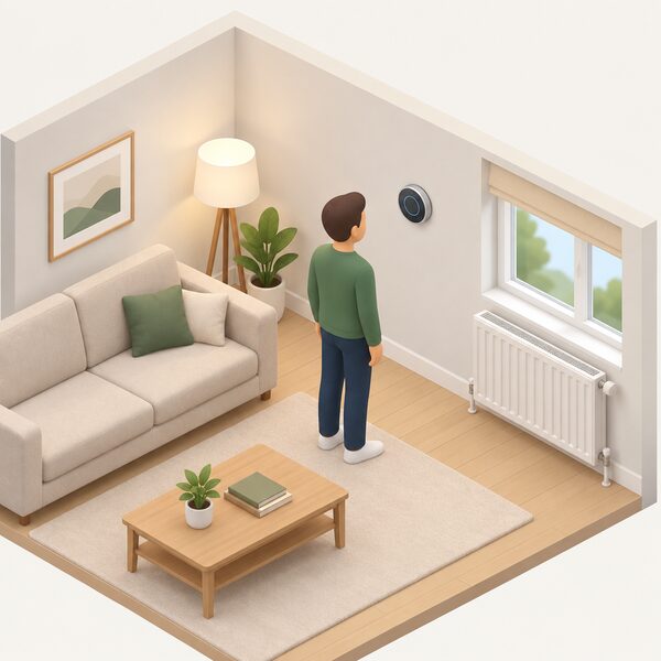 A small simplified isometric figure stands in a plain living room looking at a smart thermostat mounted at eye level on the interior wall, with a radiator beneath the window and a sofa nearby to show the device in its everyday home setting.