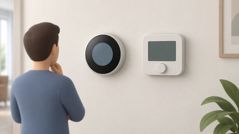 Two plain wall-mounted smart thermostat control units, one above the other, side by side on a neutral interior wall, drawn as unbranded devices with simple blank display screens so they can be compared at a glance.