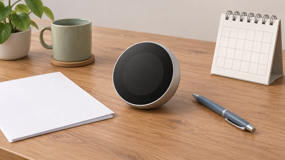 A single wall-style smart thermostat with a blank round display lying on a wooden table beside blank paperwork, a pen and a small calendar, the moment a household weighs up which thermostat brand to buy.
