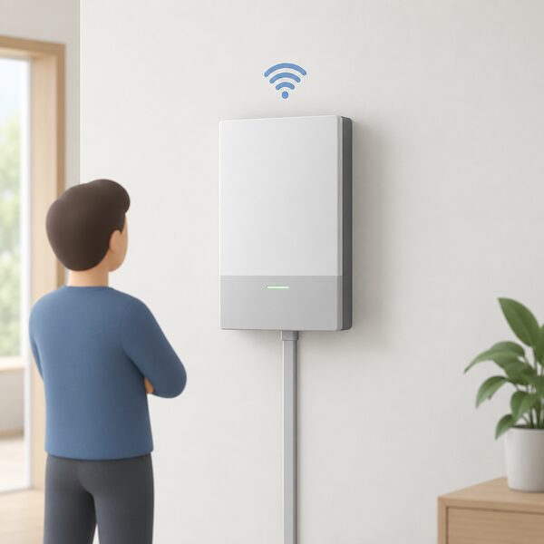 A single compact rectangular wall-mounted indoor control module shown straight on, mounted on a plain interior wall with a small wifi symbol above it and a short cable or conduit entering from below, drawn as one clean product illustration with no other equipment.