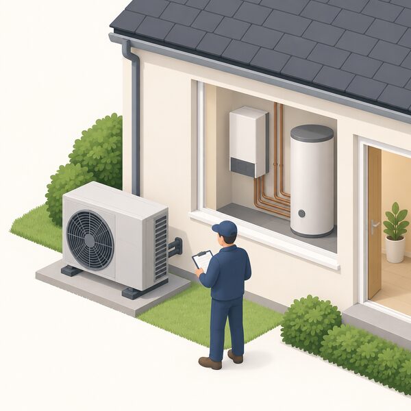 An installer with a clipboard stands outside a house after a site visit, noting details while looking between the outdoor heat pump unit on the ground and, through an open window or doorway, the indoor module and hot water cylinder inside, showing them as one connected system.