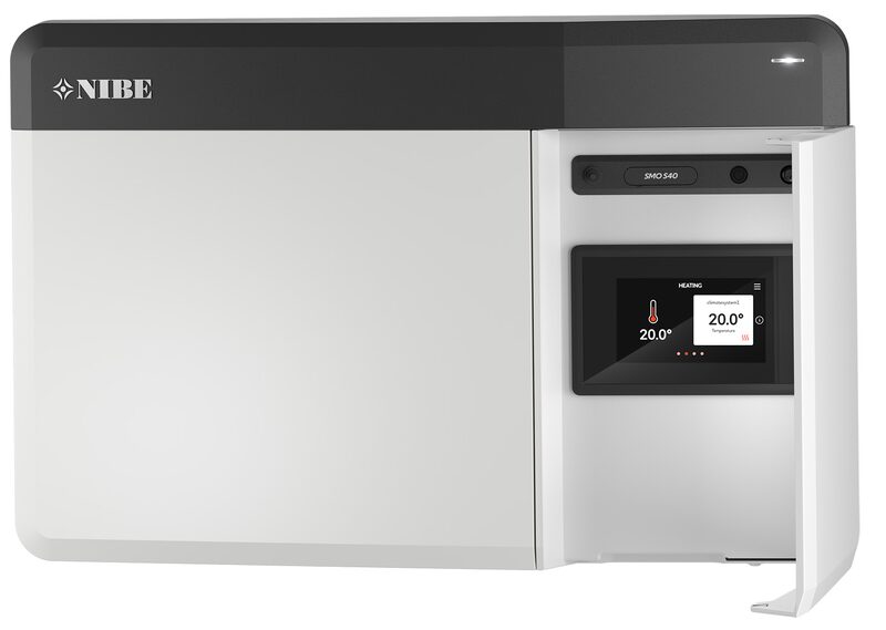 A NIBE indoor heat pump control unit with a touchscreen display showing a heating temperature of 20.0 degrees