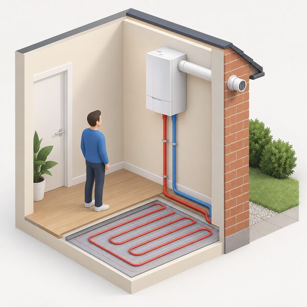 A wall-mounted condensing boiler on an indoor wall with its horizontal flue passing through the outside wall, and a flow pipe running down to feed the underfloor heating system.