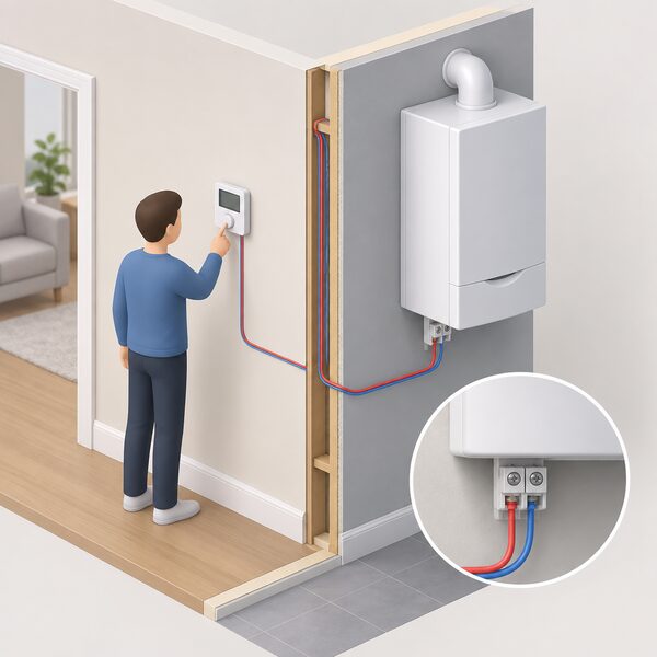 A cutaway interior wall view showing a small wall-mounted heating controller on one side connected by a thin 2-wire low voltage cable running down through the wall to a wall-hung boiler on the other side, with the two wires meeting at the boiler's connection terminals.