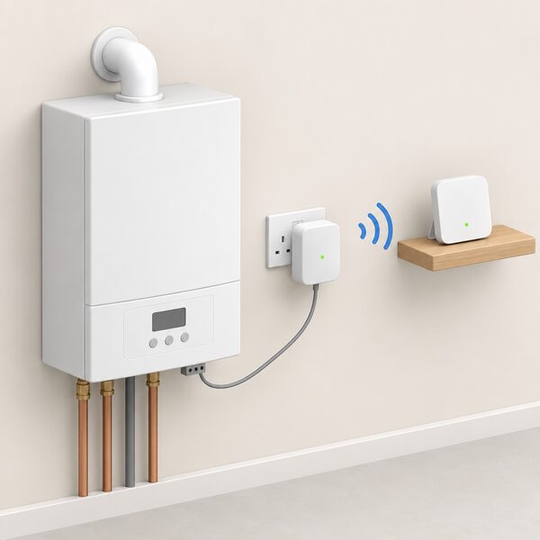 A small bridge device plugged into a wall socket beside a wall-mounted gas boiler, with a cable running from the bridge to the boiler's control terminals and a wireless link shown as simple signal arcs to a small local controller unit on a nearby shelf.