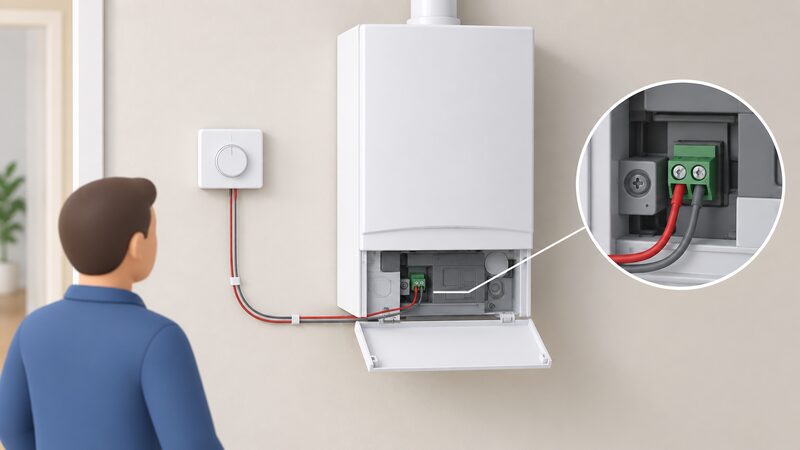 A small wall-mounted local heating controller beside a wall-hung gas boiler, with a thin two-wire control cable running from the controller down into the boiler's low-voltage control terminals beneath its front cover.