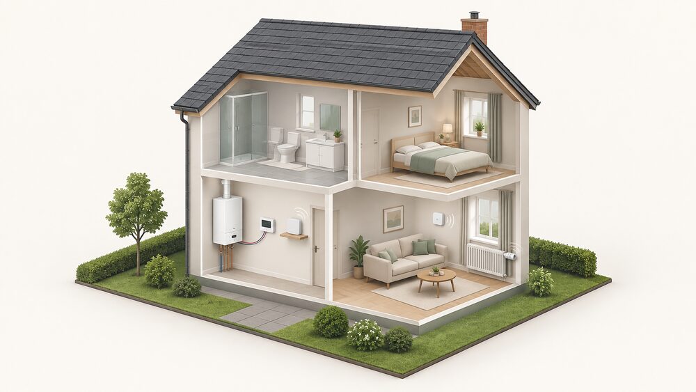 A cutaway of a house showing a gas boiler indoors connected by a 2-wire low voltage cable to a local controller on a wall, with a Zigbee coordinator hub nearby and a room sensor and radiator valve in a living room, all linked without any cloud service.