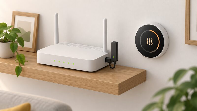 A small Zigbee coordinator dongle plugged into a broadband router on a shelf, with a short cable, sitting beside a wall-mounted smart thermostat nearby, shown as the local hub linking the home's heating devices.