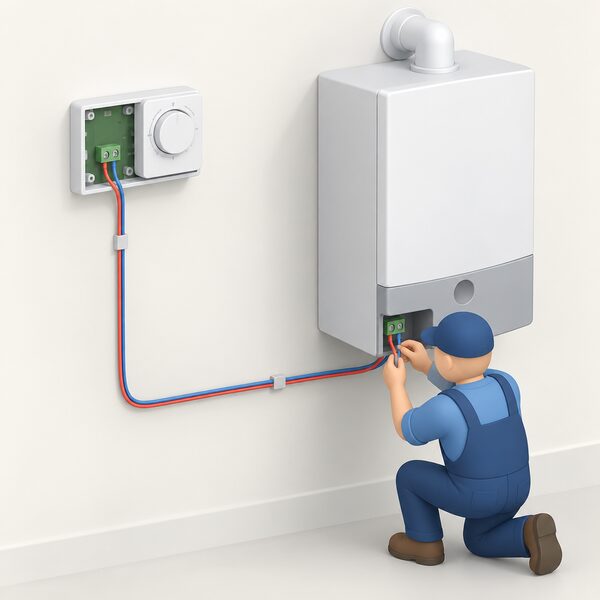 A wall-mounted control with its front cover off, a slim two-wire low voltage cable pair running down to a wall-hung boiler, terminating at a dedicated low voltage terminal block, with a small isometric installer figure connecting the two wires at the boiler end.