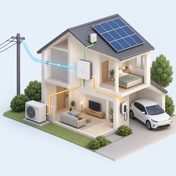 A cutaway home interior showing a wall-mounted home energy management system hub connected by lines to an outdoor heat pump unit, a wall-mounted EV charger beside a parked electric car, and a rooftop PV diverter link, with a grid signal arriving from outside the house.