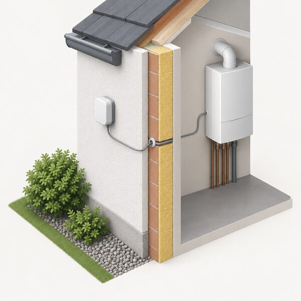 A small outdoor temperature sensor mounted on the outside wall of a house, with its thin cable running into the wall toward the boiler inside, shown as a simple isometric cutaway of the wall corner.