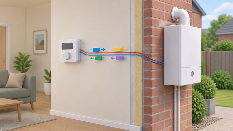 A simplified cutaway of a house wall with a room thermostat on the inside and a boiler on the outside, joined by a two-wire link drawn as a physical pair of wires, with four plain unlabelled message blocks travelling along the wires in both directions between the two devices.