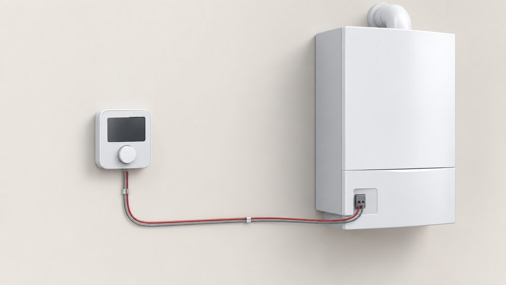 A close-up of a modern room thermostat mounted on an interior wall, with a single pair of thin two-wire low-voltage cables running from its backplate across the wall to a dedicated low-voltage terminal on a wall-hung boiler, no other equipment present.