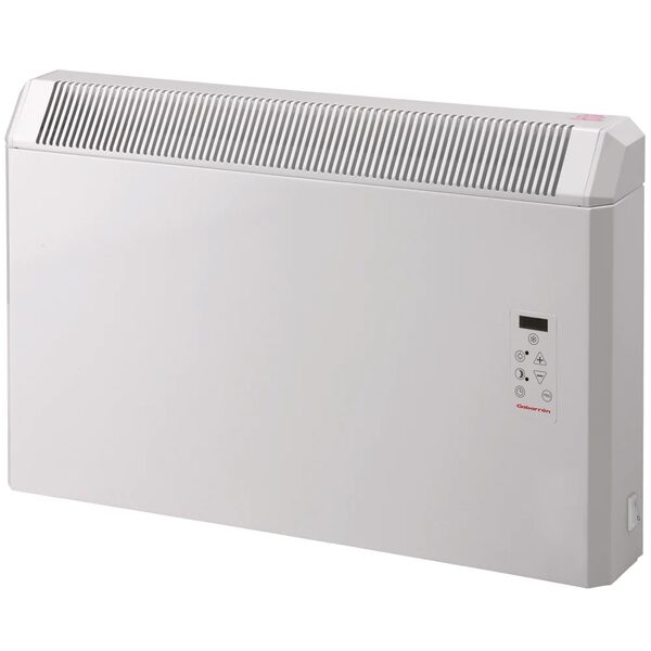 A white Gabarron wall-mounted electric storage heater with a top vent grille and digital control panel.