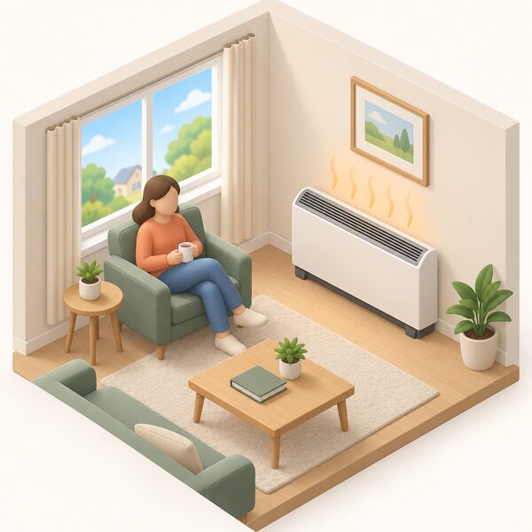 A daytime living room scene with an electric storage heater against an outside wall gently warming the space, drawn with soft heat lines rising from its top vents, while a simplified figure sits comfortably nearby in daylight, showing stored overnight heat being released during the day.