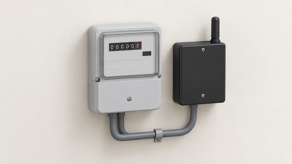 A close-up of an electricity meter on an indoor wall with a separate black teleswitch box mounted beside it, the two connected by short conduit, with nothing else in the frame.