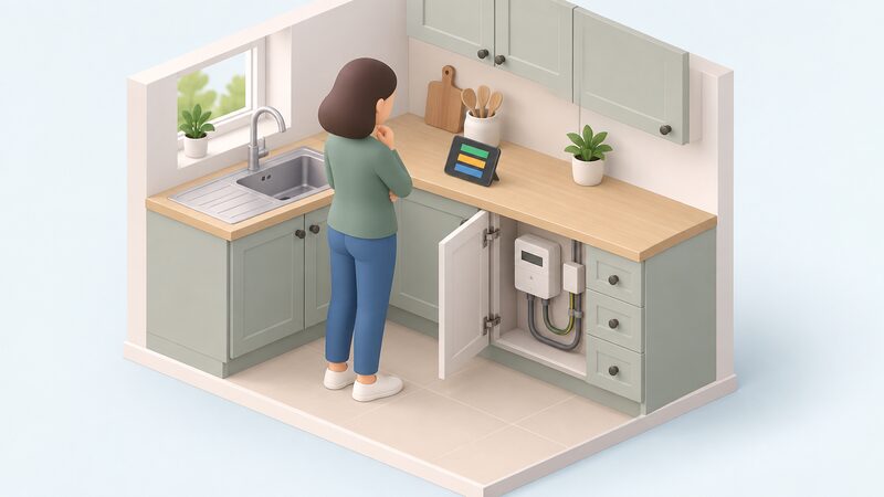 A small isometric kitchen scene with an open cupboard under the worktop holding a smart electricity meter on the wall, and an in-home display standing on the kitchen worktop beside it, with a simplified figure looking at the display.
