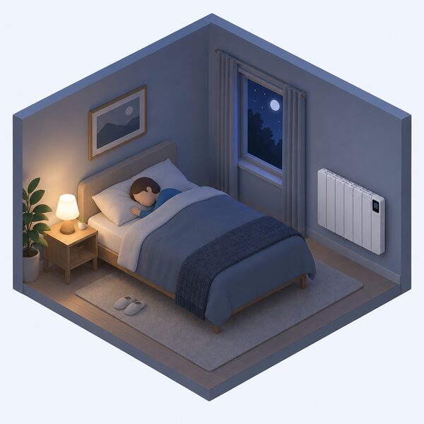 A wall-mounted electric radiator in a simply furnished bedroom at night, its display dark and unlit, with a small isometric figure asleep in bed nearby while the room cools gently.