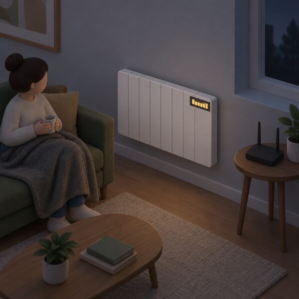 A wall-mounted electric radiator panel in a dim living room with its small display lit showing a saved programme as plain blocks, while on a nearby side table the wifi router sits dark and unlit with no indicator lights.