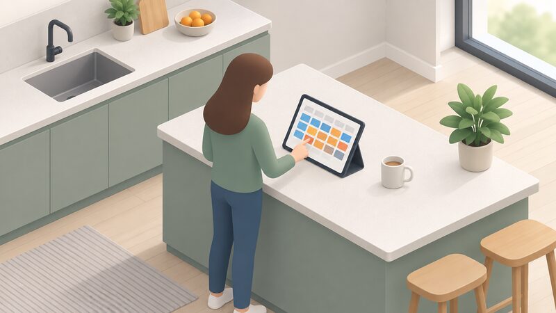 A tablet lying on a kitchen worktop displays a weekly heating schedule as a grid of coloured time blocks, with a simplified figure beside it adjusting the programme for one zone of the house.