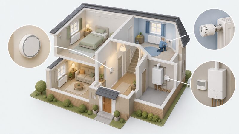 A simplified cutaway of a small house showing a wall-mounted room thermostat in the hallway, a programmer beside the boiler, and radiators with TRV heads in two separate rooms, with a simplified figure adjusting one TRV.