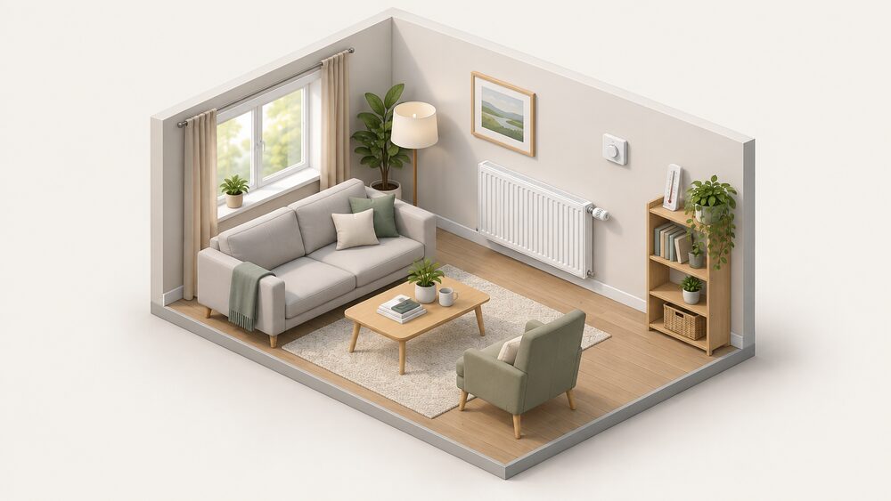 A daytime living room with a radiator on the wall fitted with a numbered thermostatic radiator valve dial, a wall-mounted room thermostat nearby, and a freestanding thermometer on a shelf confirming the room temperature.