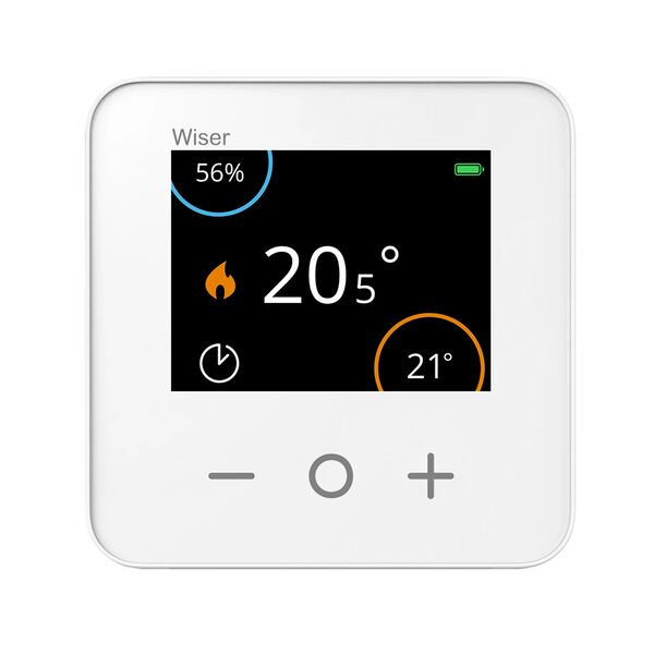 A white Wiser smart room thermostat displaying a set temperature of 20.5°C on its screen