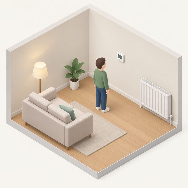 A small isometric figure stands in a living room looking at a room thermostat mounted on an inner wall about 1.5 metres up, with clear free air around it, well away from a curtained window, a sofa, a lamp and a radiator.