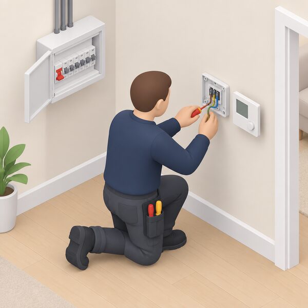 A qualified electrician, having switched off the supply at the consumer unit, kneels at an interior wall wiring a room thermostat into the wall of a home, with the front cover off and wires being connected.
