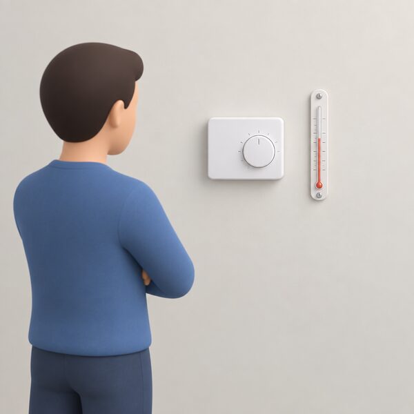 A wall-mounted room thermostat on an interior wall with a separate glass thermometer mounted beside it at the same height, both away from sunlight and draughts, left to settle so their readings can be compared.