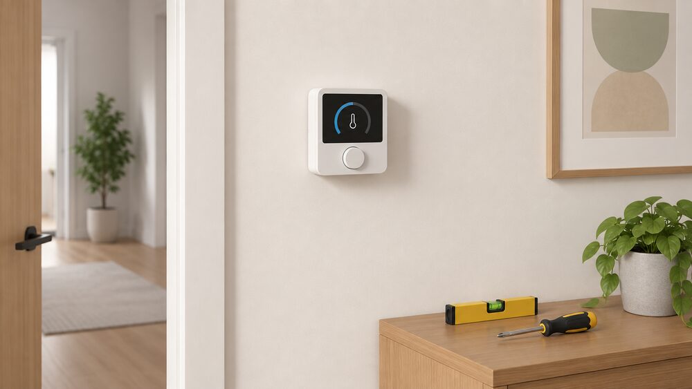 A close-up of a single digital room thermostat mounted on a plain inner wall at about 1.5 metres height, away from any window or draught, with a small spirit level and screwdriver resting on a nearby surface suggesting careful siting and installation.