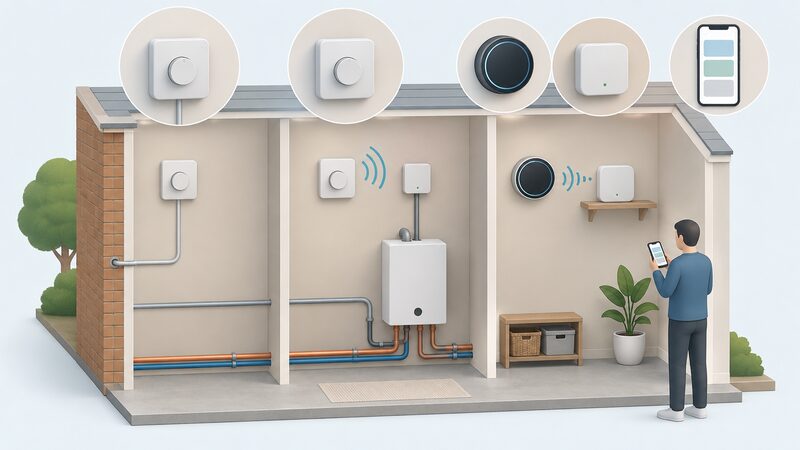 A cutaway room-and-wall scene showing three thermostats side by side: a wired unit with cable running through the wall to the boiler, a battery wireless unit sending a signal to an RF receiver wired to the boiler, and a smart thermostat linked to a hub with a phone showing a plain app screen.