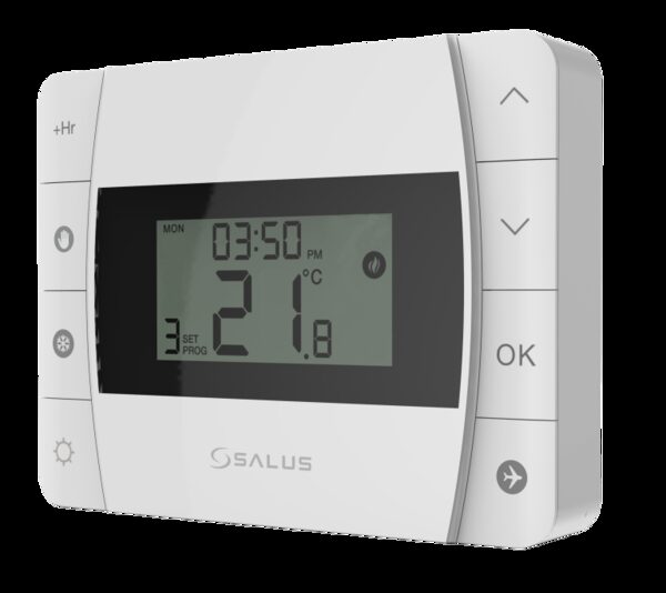 A white SALUS DT500 wired programmable room thermostat with digital display showing 21.8°C