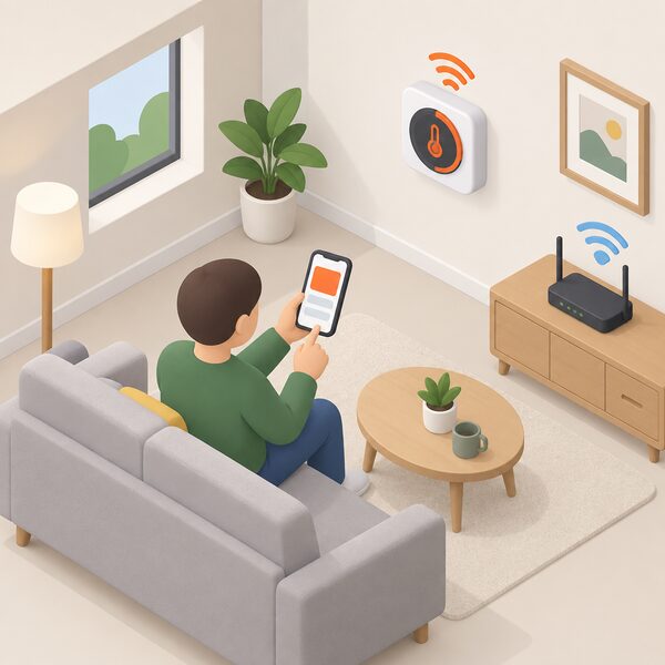 A simplified isometric figure sits in a home living room holding a mobile phone whose screen shows plain colour blocks representing the Premium Lite app, with a wall-mounted smart thermostat and a broadband router visible nearby, showing heating being managed remotely.