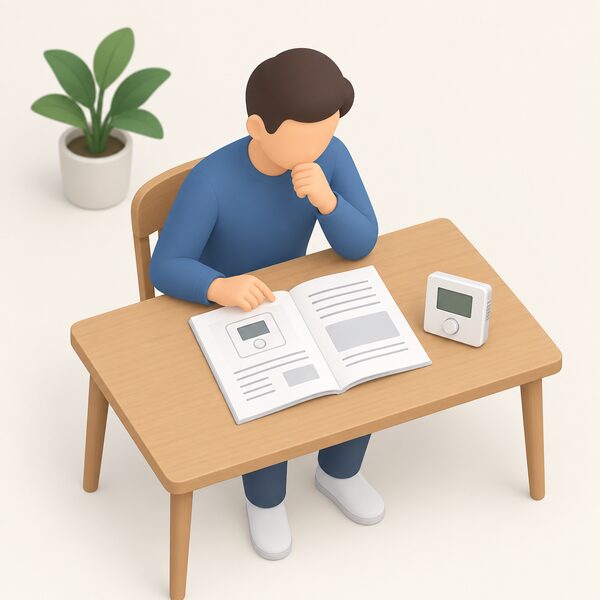 A simplified figure sits at a table consulting an open printed thermostat manual, its pages shown as blank lines and plain blocks, with a wall-style thermostat resting beside the manual for comparison during diagnosis.