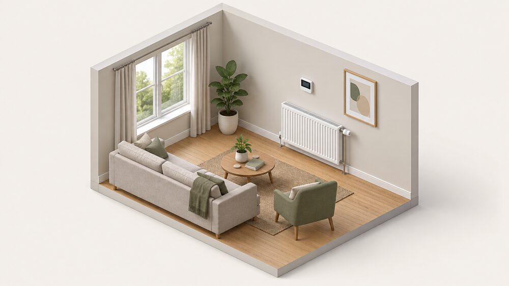 A slim digital room thermostat mounted on an interior wall of a living room, with a household radiator fitted with a thermostatic radiator valve on the wall beneath it, both in daylight.