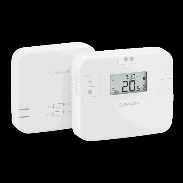 A white SALUS digital room thermostat with LCD display showing 20.5°C, shown alongside its matching receiver unit