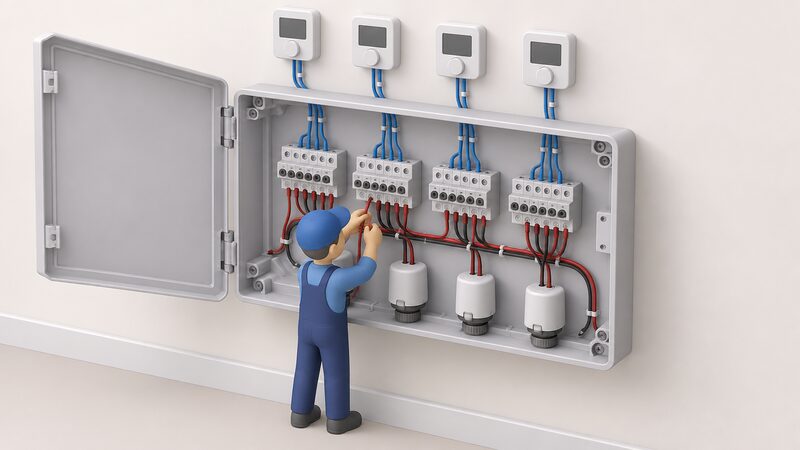 A close-up isometric view of an open underfloor heating wiring centre box mounted on a wall, showing four groups of zone terminals with wiring running to thermostat connections and to actuator connections, with a small simplified installer figure connecting a wire into one terminal.