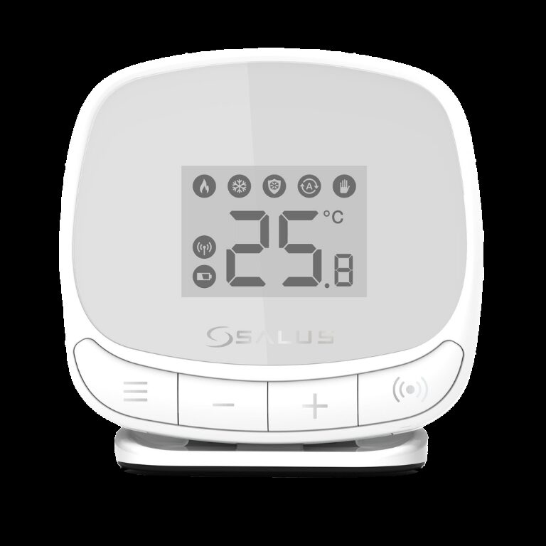 A white SALUS programmable room thermostat with a digital display showing 25.0°C