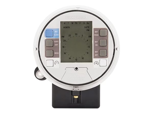 A Sangamo round digital heating timer/programmer with LCD dial display and control buttons on a wall backplate