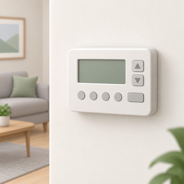A small programmable room thermostat mounted on an inside wall of a simply drawn room, shown close up with its plain display and control buttons, combining time and temperature controls in one unit, with no other heating equipment visible.