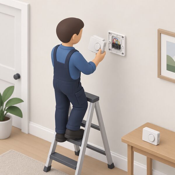 An installer on a step ladder at an interior wall has removed a room thermostat from its backplate, holding the detached control in one hand while the exposed wiring connections behind it are visible as the old unit is swapped for a new one.