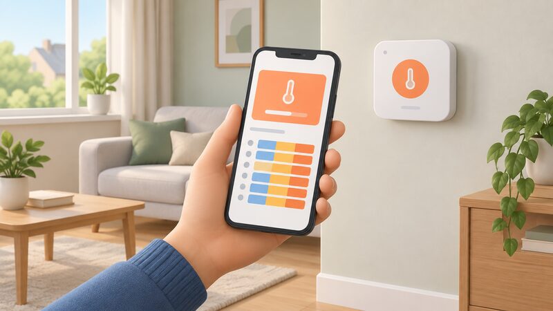 A hand holding a smartphone in a home room, the screen showing the Choice app as a plain temperature reading block and a simple weekly schedule of colour bands, with the wall-mounted Choice Wi-Fi thermostat visible nearby.