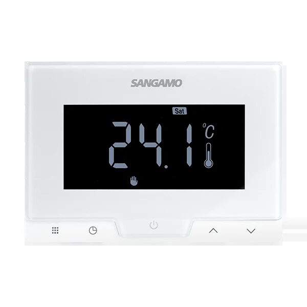 A white Sangamo digital thermostat displaying 24.1°C on its screen