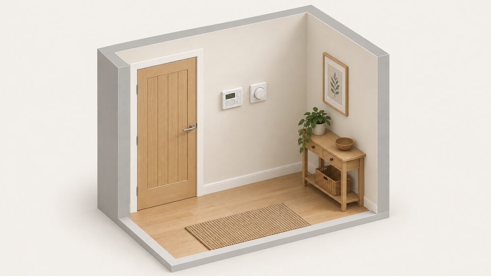A plain interior wall in a UK home with two wall-mounted heating controls side by side: a rectangular programmer with a small digital display and push buttons, and a round mechanical room thermostat with a temperature dial, both on an industry standard backplate.