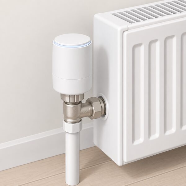 A small smart TRV head fitted on top of the valve of a single household radiator, shown as a close-up of the device replacing an ordinary thermostatic valve head on the radiator's inlet pipe.
